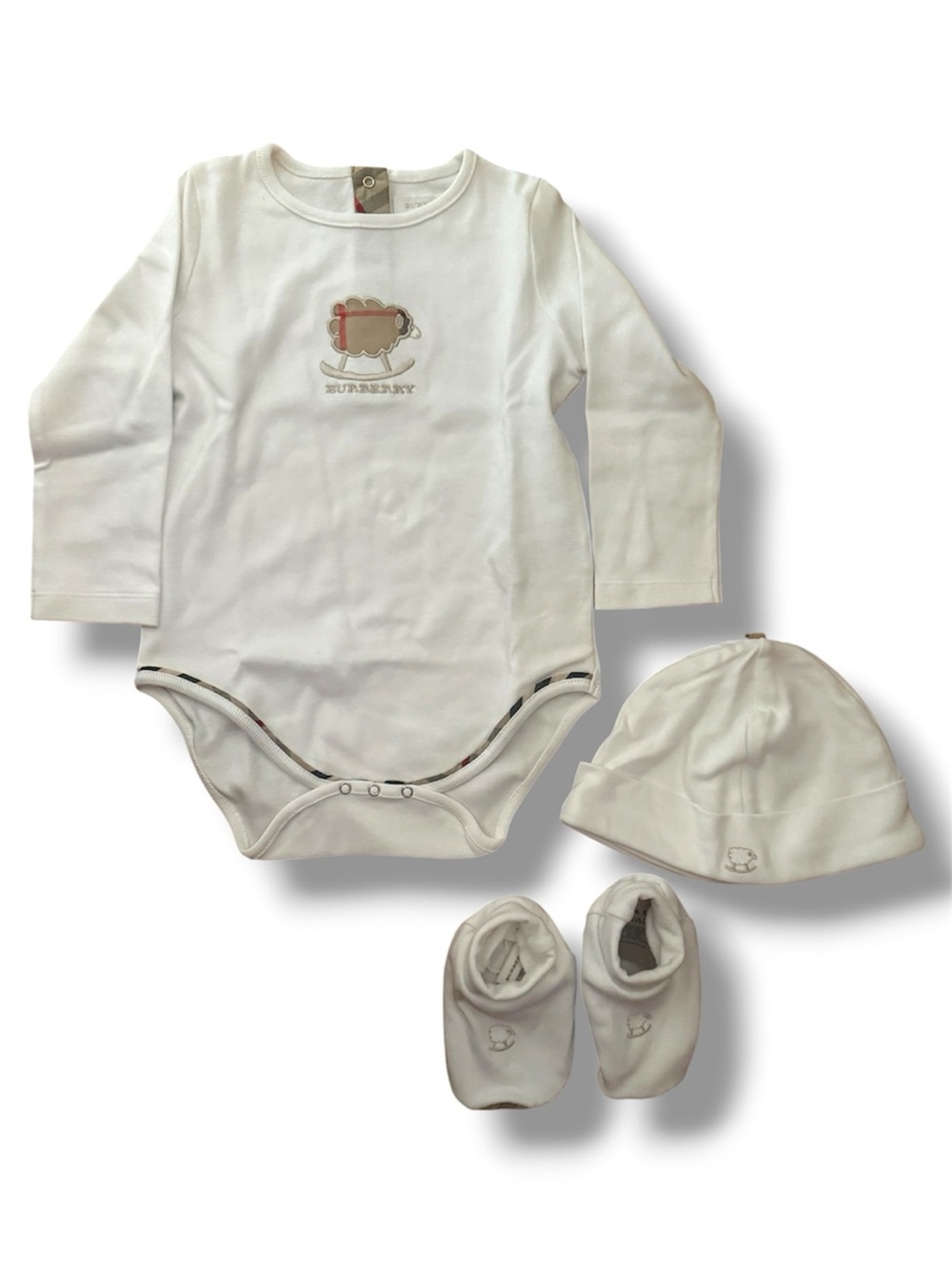 Burberry White Long-Sleeve Baby Bodysuit Set with Hat and Booties